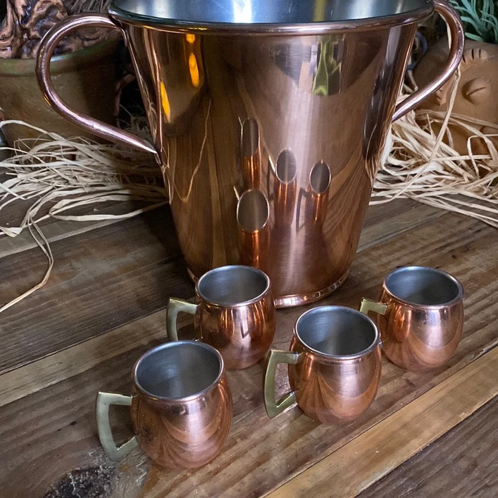 Pottery Barn Handcrafted Copper Ice Bucket with Mini Moscow Mule Shotglasses